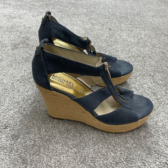 Michael Kors Berkley Canvas Wedge Sandals Womens 7 1/2 Black Brown Espadrille - Picture 2 of 9